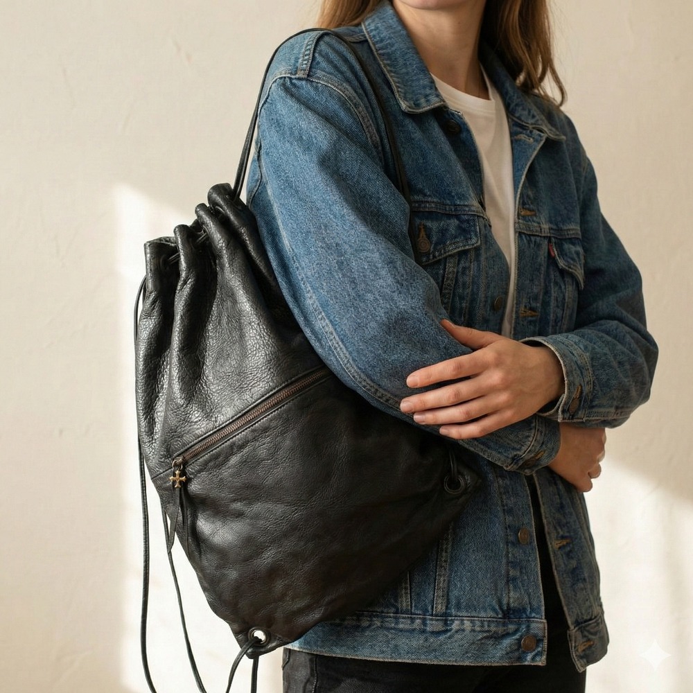 Marie Turnor‎ Black Pebbled Leather Drawstring Backpack Cinch Bag Goth Designer